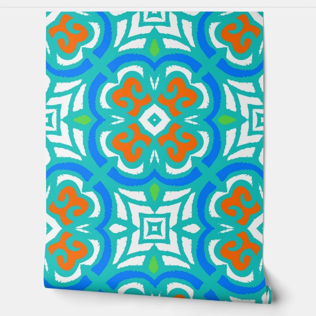 Blauwgroen etnisch patroon behang (Afrollen)