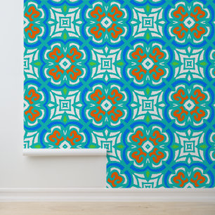 Blauwgroen etnisch patroon behang