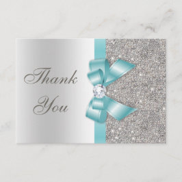 Blauwgroen Faux Bow Silver Diamonds Dank u Bedankkaart