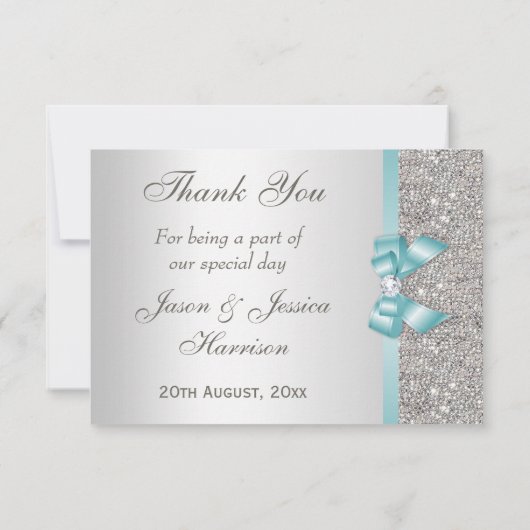 Blauwgroen Faux Bow Silver Diamonds Dank u Bedankkaart (Achterkant)