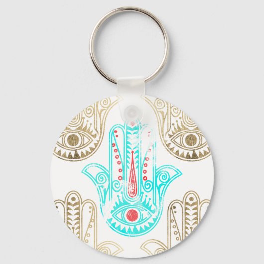 Blauwgroen faux gouden waterverf Hamsa Hand Fatima Sleutelhanger (Voorkant)
