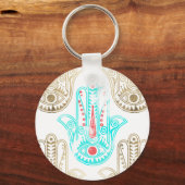 Blauwgroen faux gouden waterverf Hamsa Hand Fatima Sleutelhanger (Voorkant)