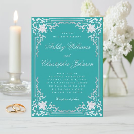  Blauwgroen Faux Silver Elegant  Bruiloft Kaart