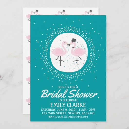 Blauwgroen Flamingo Bride & Groom Invitation (elk Kaart (Voorkant / Achterkant)