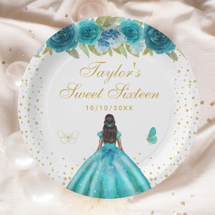 Blauwgroen Floral Dark Skin Princess Sweet Sixteen Papieren Bordje