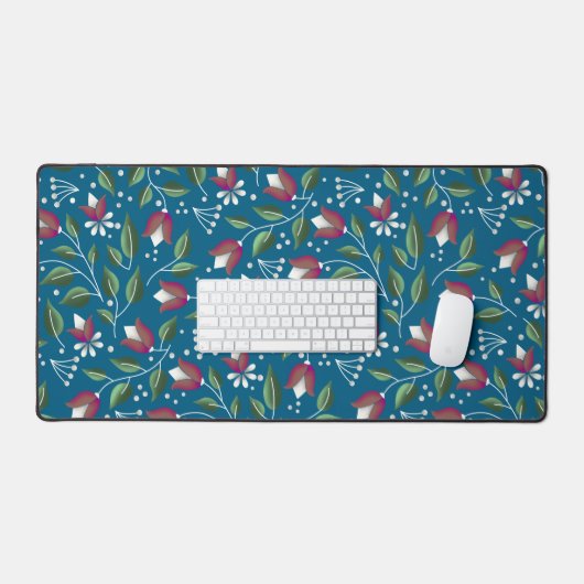 Blauwgroen Floral Desk Mat Grote Print (Keyboard & Muis)