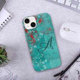 Blauwgroen Floral Grunge Red Monogram iPhone 16 Pro Hoesje