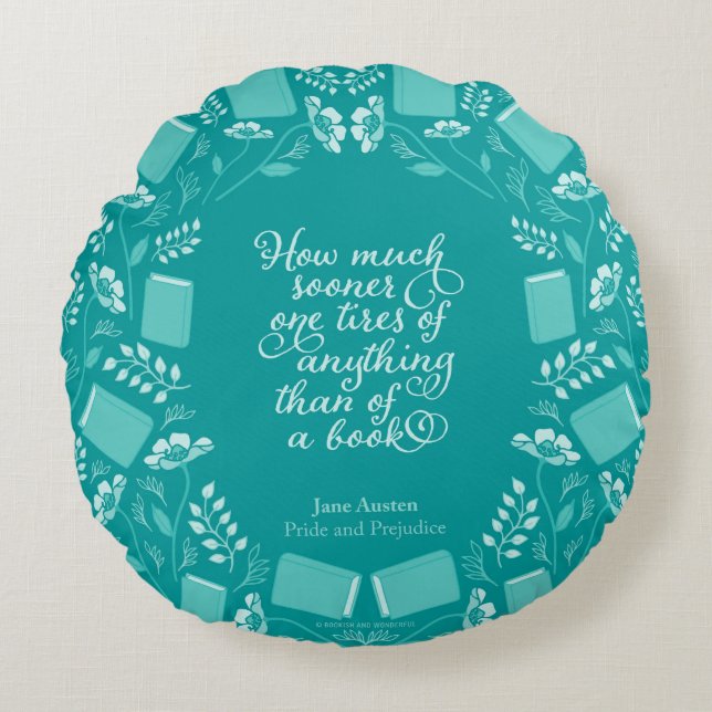 Blauwgroen Floral Pride & Prejudice Bookish Quote Rond Kussen (Voorkant)