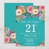 Blauwgroen Floral Surprise 21st Birthday Invitatio Kaart (Voorkant / Achterkant)