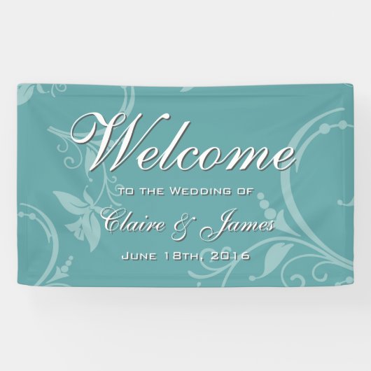  Blauwgroen Floral Welcome Wedding Spandoek (Horizontaal)
