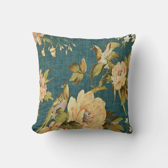 blauwgroen, , floreel, vogel, Victoriaans, behangp Kussen (Voorkant)