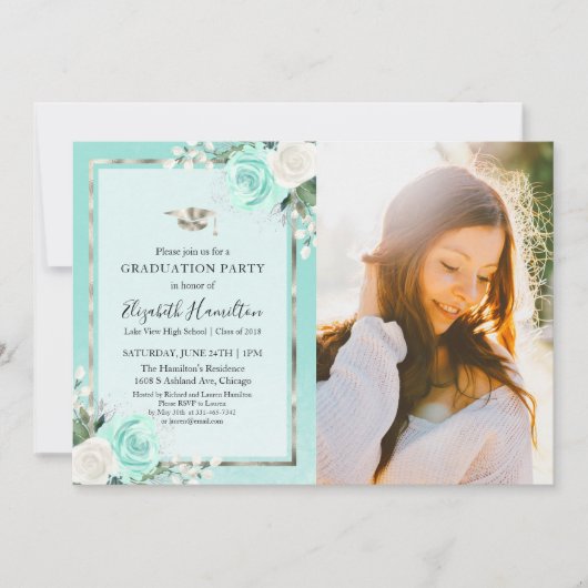 Blauwgroen & Folie Zilveren Bloemen Afstudeerfeest Kaart (Voorkant)