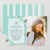 Blauwgroen & Folie Zilveren Bloemen Afstudeerfeest Kaart (Voorkant / Achterkant)