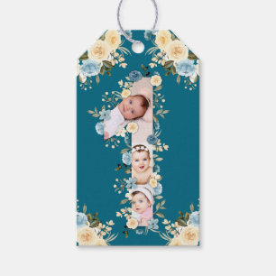 Blauwgroen foto 1e verjaardag Collage Blue Yellow  Cadeaulabel