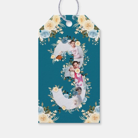 Blauwgroen foto 3rd Birthday Collage Blue Yellow F Cadeaulabel (Voorkant)