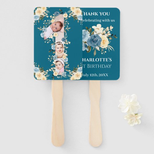 Blauwgroen foto Collage 1st Birthday Blue Yellow F Handwaaier (Voorkant en achterkant)