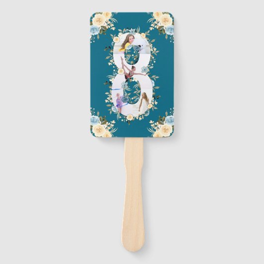 Blauwgroen Foto Collage Blue Yellow Flower 8th Bir Handwaaier (Voorkant)