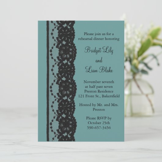 Blauwgroen-Franse Lace Rehearsal Dinner Kaart (Staand voorkant)