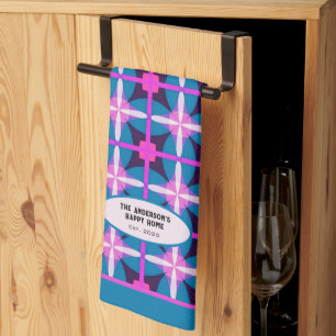  Blauwgroen Fuchsia Aubergine geometrisch patroon Theedoek