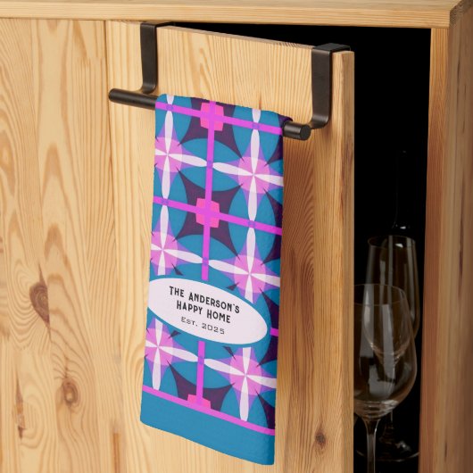  Blauwgroen Fuchsia Aubergine geometrisch patroon Theedoek (Derde Gevouwen)