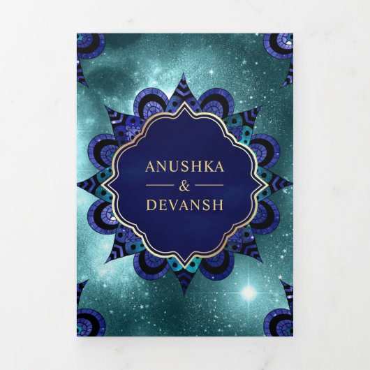 Blauwgroen Galaxy Blue Mandala QR-code Indiaas huw Drieluik Uitnodiging (Cover)
