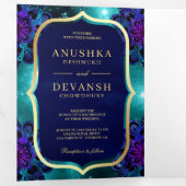 Blauwgroen Galaxy Blue Mandala QR-code Indiaas huw Drieluik Uitnodiging (Binnenzijde eerst)