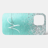 Blauwgroen geborsteld metaal Silver Glitter Monogr Case-Mate iPhone Case (Achterkant (horizontaal))