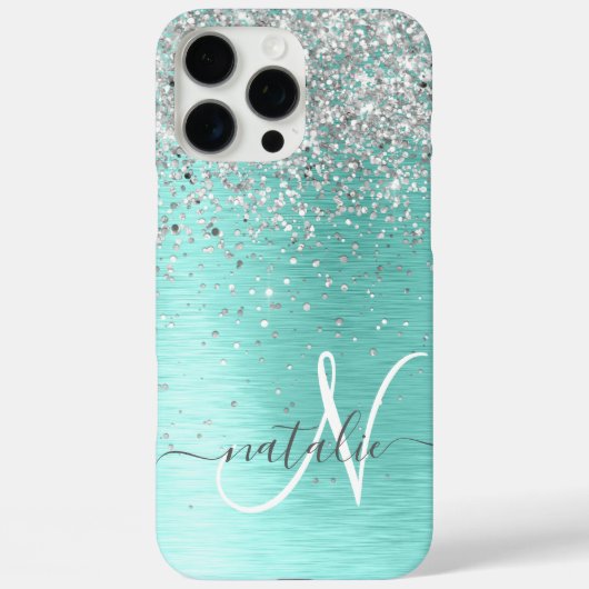 Blauwgroen geborsteld metaal Silver Glitter Monogr Case-Mate iPhone Case (Achterkant)