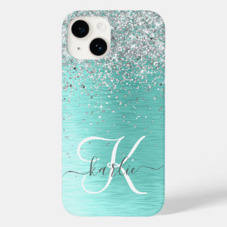 Blauwgroen geborsteld metaal Silver Glitter Monogr Case-Mate iPhone 14 Hoesje