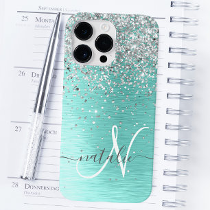Blauwgroen geborsteld metaal Silver Glitter Monogr Case-Mate iPhone 14 Pro Max Hoesje