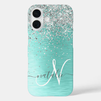 Blauwgroen geborsteld metaal Silver Glitter Monogr iPhone 16 Hoesje