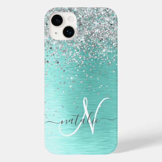 Blauwgroen geborsteld metaal Silver Glitter Monogr Case-Mate iPhone Case (Achterkant)