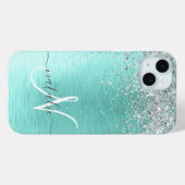 Blauwgroen geborsteld metaal Silver Glitter Monogr Case-Mate iPhone Case (Achterkant (horizontaal))
