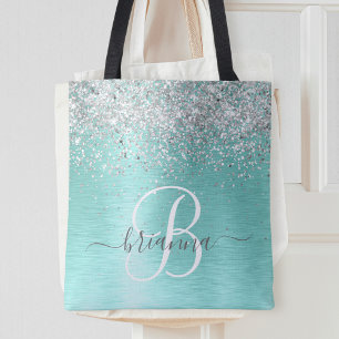 Blauwgroen geborsteld metaal Silver Glitter Monogr Draagtas