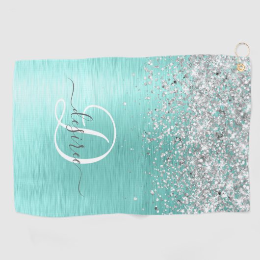 Blauwgroen geborsteld metaal Silver Glitter Monogr Golfhanddoek (Horizontaal)