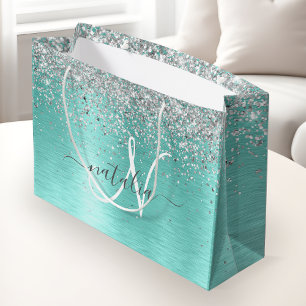 Blauwgroen geborsteld metaal Silver Glitter Monogr Groot Cadeauzakje