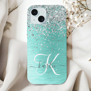 Blauwgroen geborsteld metaal Silver Glitter Monogr iPhone 15 Hoesje