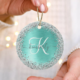 Blauwgroen geborsteld metaal Silver Glitter Monogr Keramisch Ornament