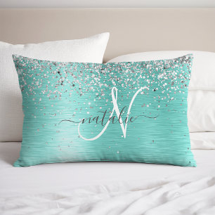 Blauwgroen geborsteld metaal Silver Glitter Monogr Kussensloop