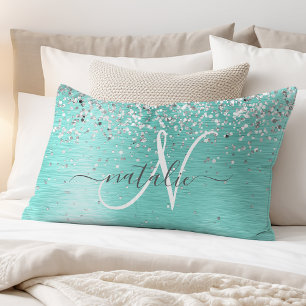 Blauwgroen geborsteld metaal Silver Glitter Monogr Kussensloop