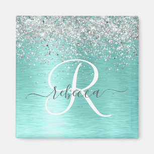 Blauwgroen geborsteld metaal Silver Glitter Monogr Magneet