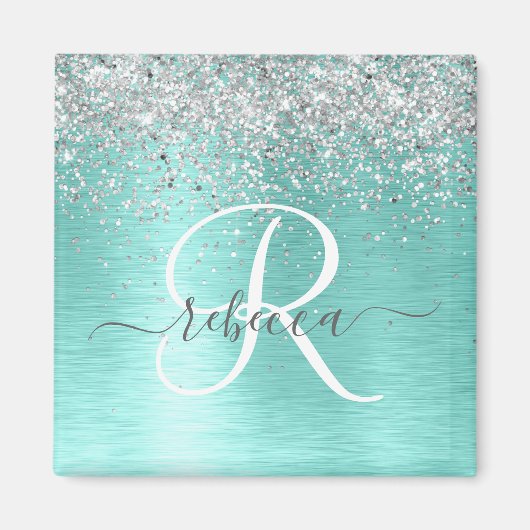 Blauwgroen geborsteld metaal Silver Glitter Monogr Magneet (Voorkant)