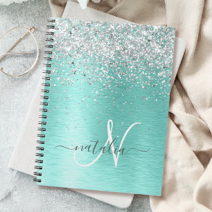 Blauwgroen geborsteld metaal Silver Glitter Monogr Notitieboek