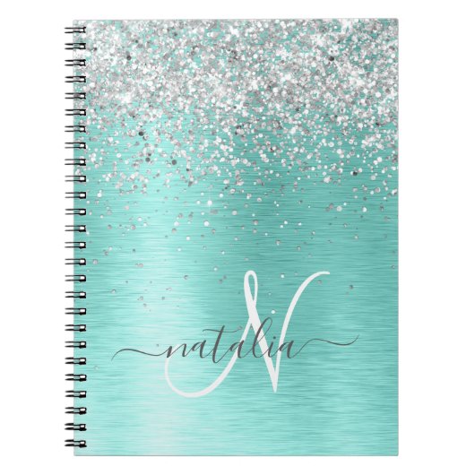 Blauwgroen geborsteld metaal Silver Glitter Monogr Notitieboek (Voorkant)
