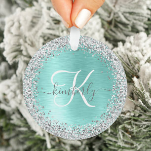 Blauwgroen geborsteld metaal Silver Glitter Monogr Ornament