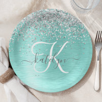 Blauwgroen geborsteld metaal Silver Glitter Monogr