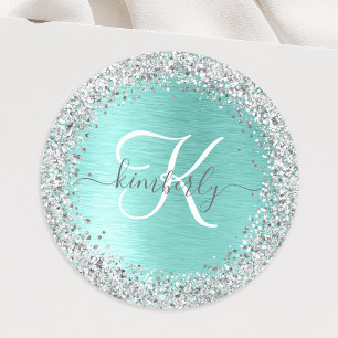 Blauwgroen geborsteld metaal Silver Glitter Monogr Ronde Sticker