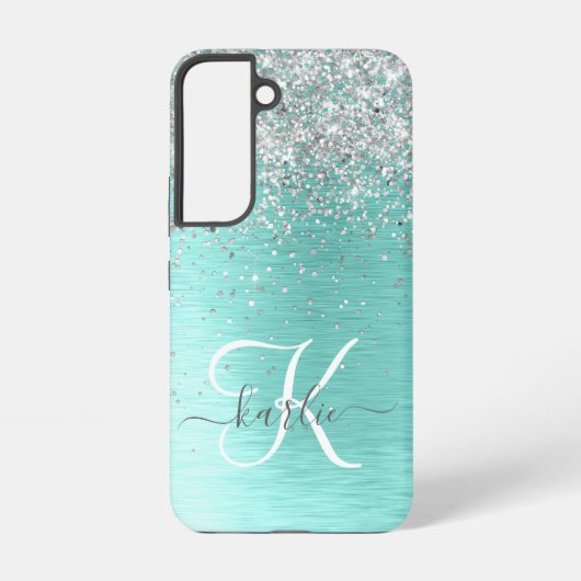 Blauwgroen geborsteld metaal Silver Glitter Monogr Samsung Galaxy Hoesje (Achterkant)