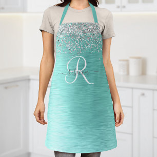 Blauwgroen geborsteld metaal Silver Glitter Monogr Schort