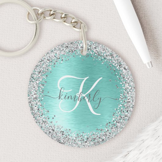 Blauwgroen geborsteld metaal Silver Glitter Monogr Sleutelhanger